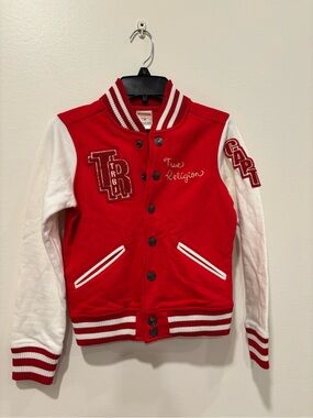 True Religion Red and White Varsity Jacket